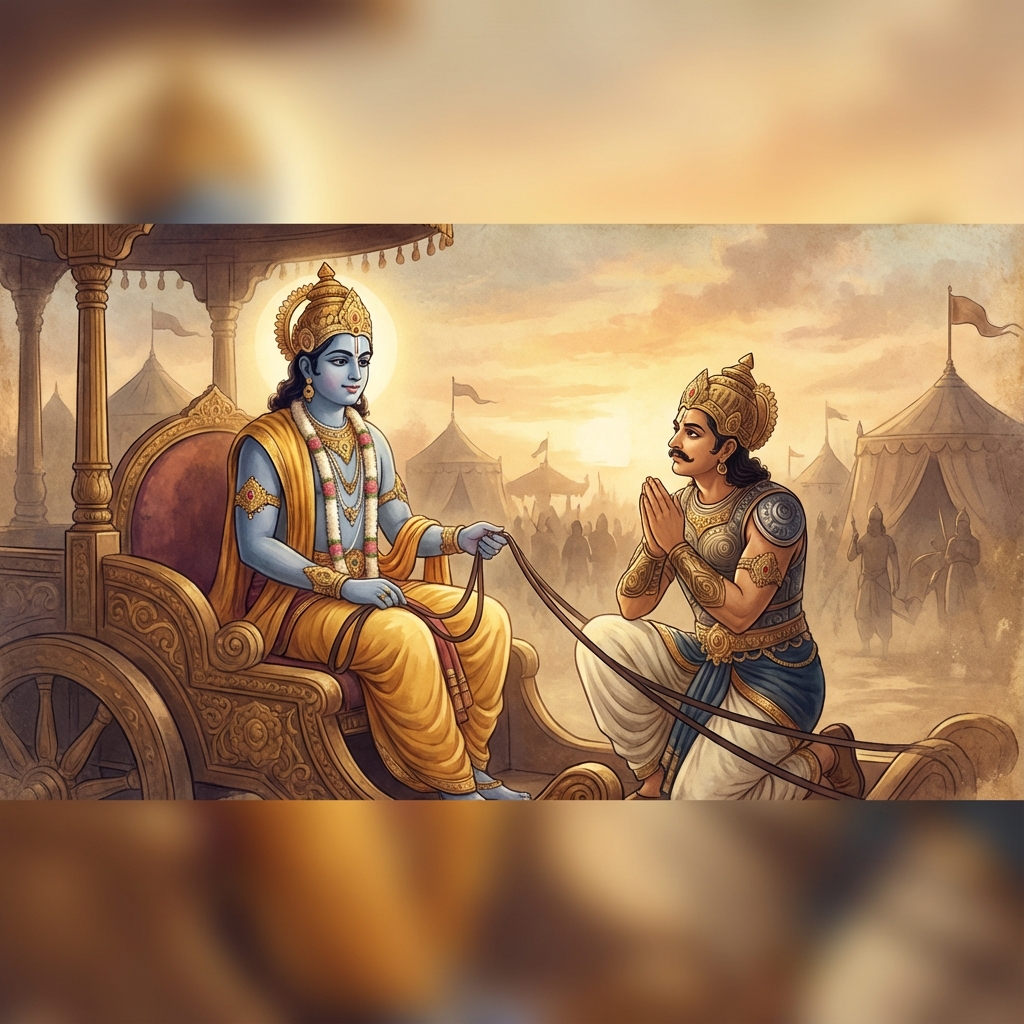 Lord Krishna guiding Arjuna on the chariot at Kurukshetra - depicting the eternal dialogue of wisdom